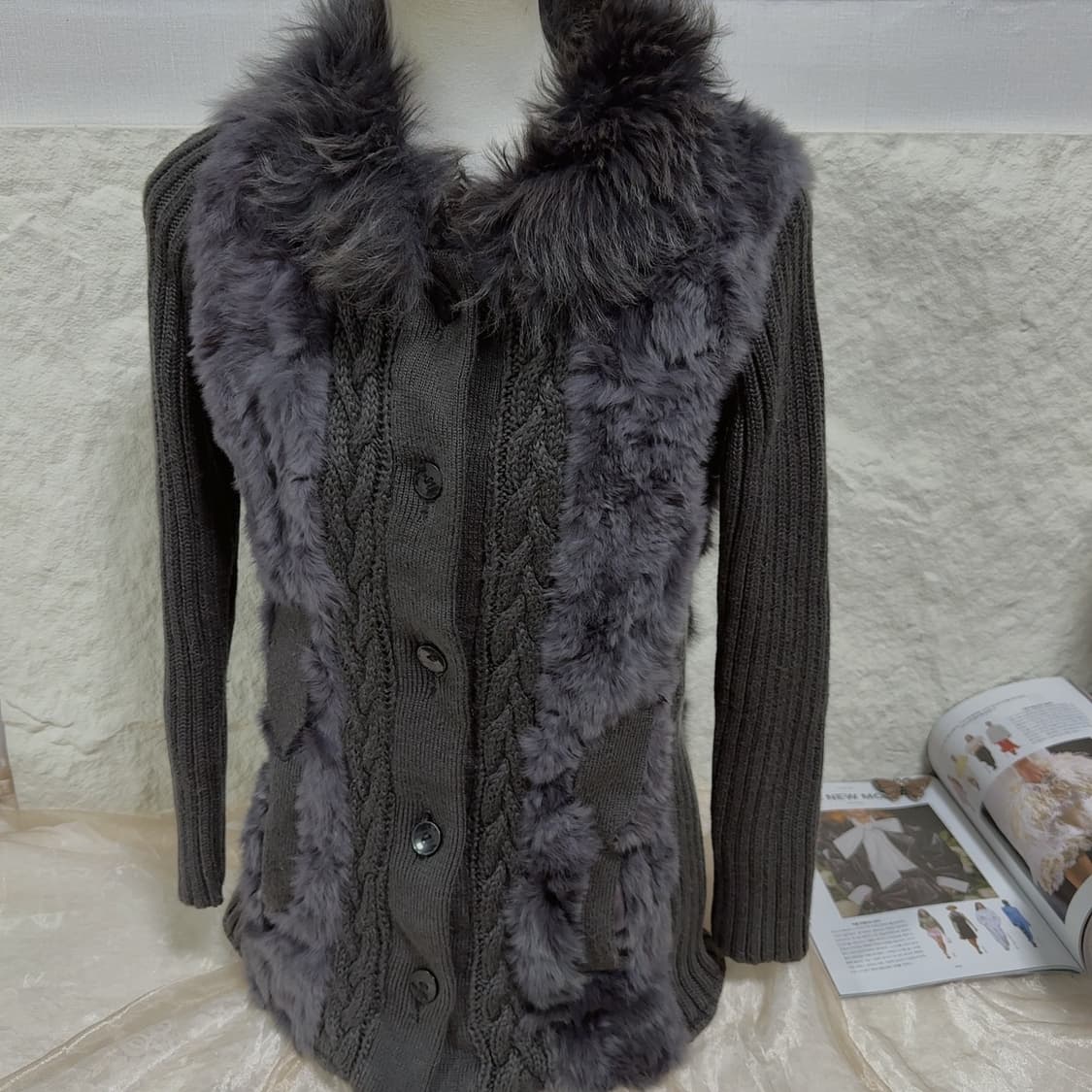 빈티지 다크 보라 토끼털 그레이 꽈배기 니트 자켓 가디건 상품이미지1