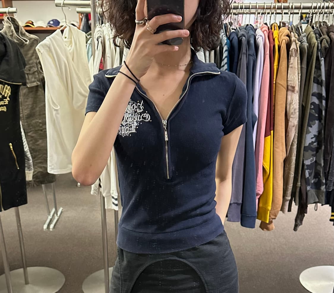 M)INGNI vintage 여성 자수 하프집업 반팔 상품이미지1