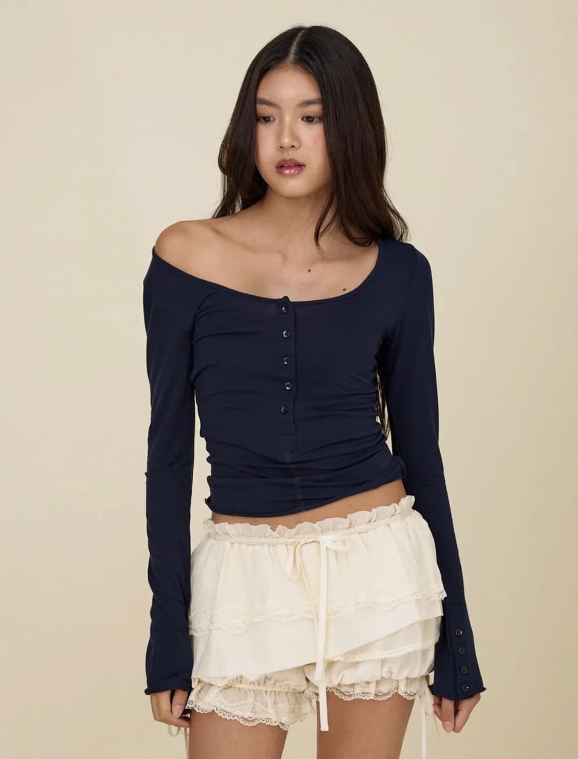 글로니 페이드 버튼 롱슬리브 네이비S 상품이미지1