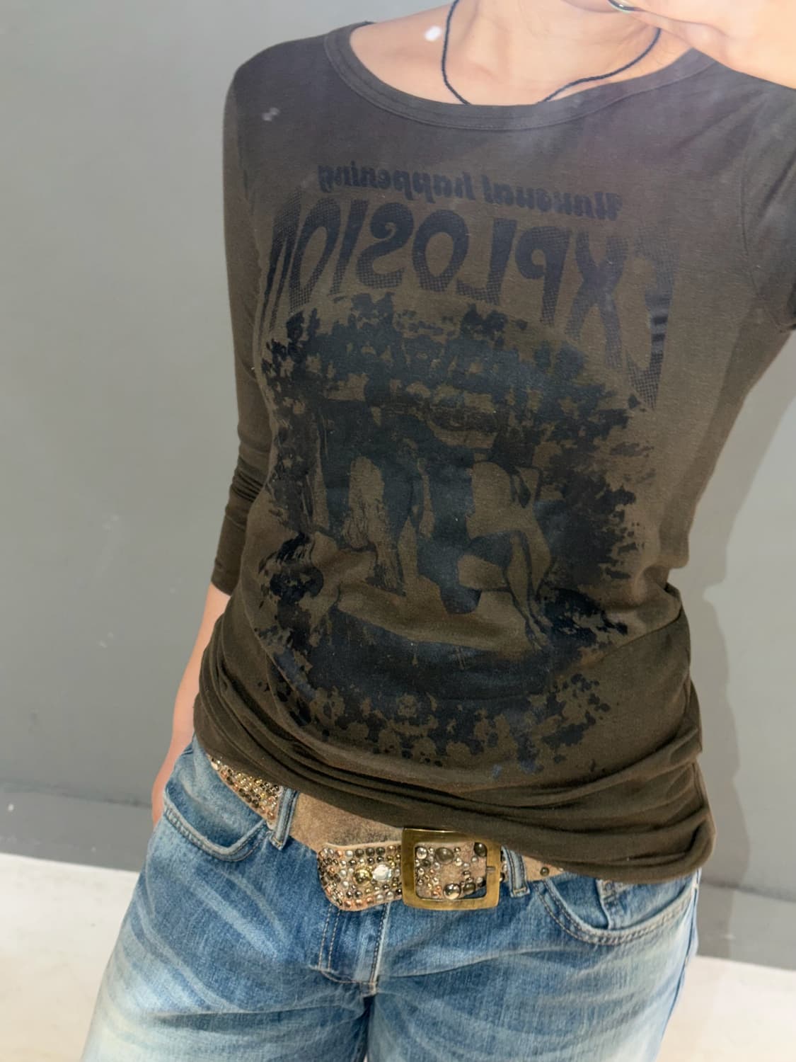 khaki brown printing detail top 상품이미지3