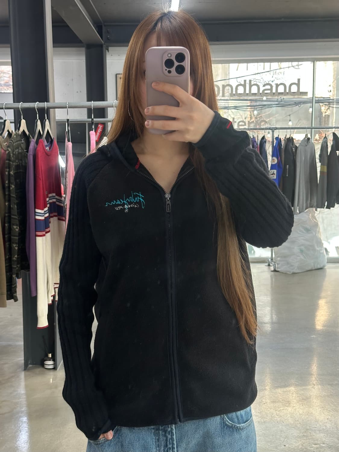 후부 자수백로고 후드 플리스 니트집업 상품이미지1