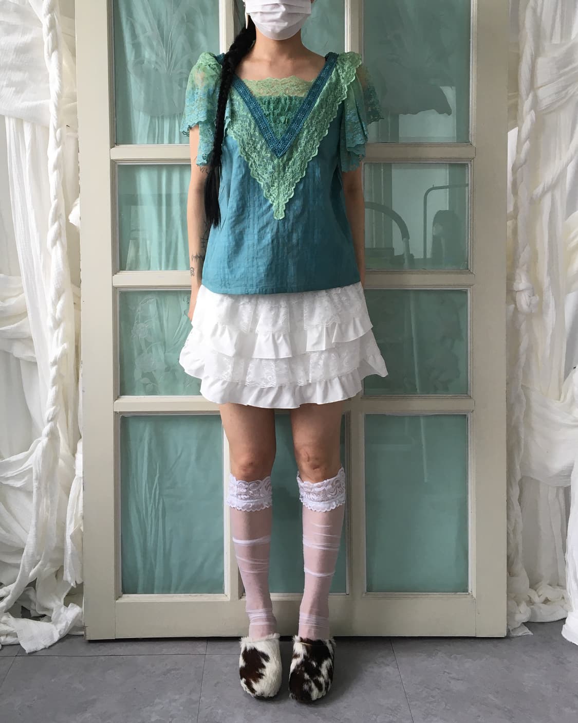 Lace trimming frill puff top 상품이미지1