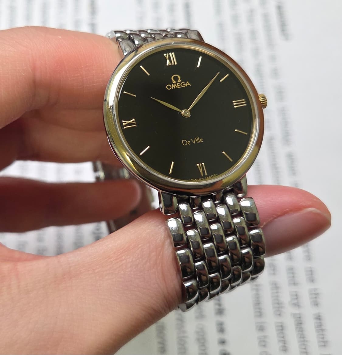 빈티지 오메가 드빌 18K베젤 블랙로만 슬림쿼츠 남성용 쌀알 브레이슬릿 상품이미지4