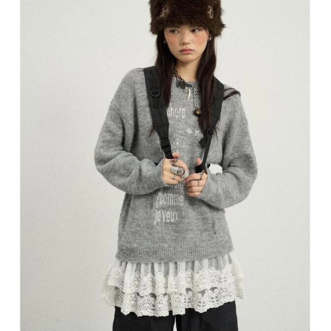 Achihara 아치하라 My Dear Lace Sweater Gray 상품이미지1