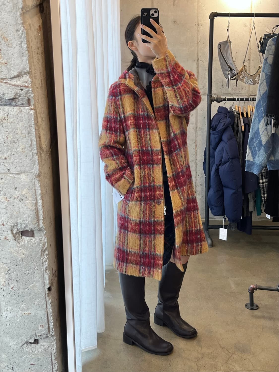 DONNA UNO 헤어리 체크패턴 미디 코트 상품이미지3