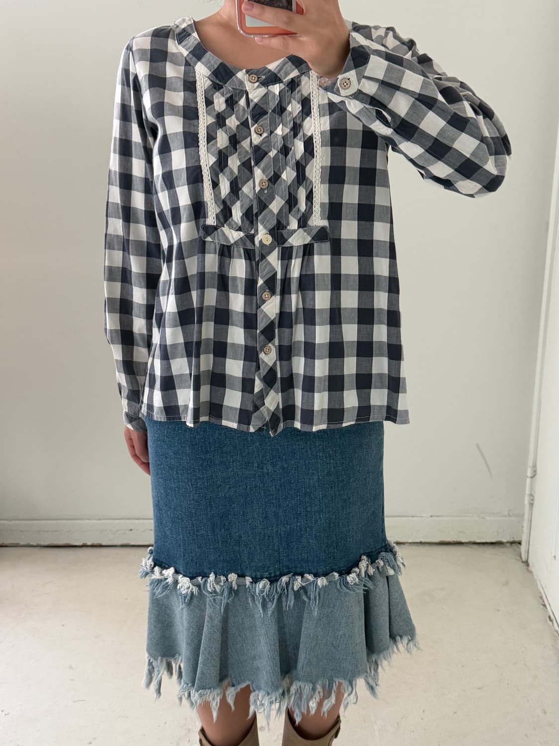 일본빈티지 네이비 체크 레이스 블라우스 상품이미지4