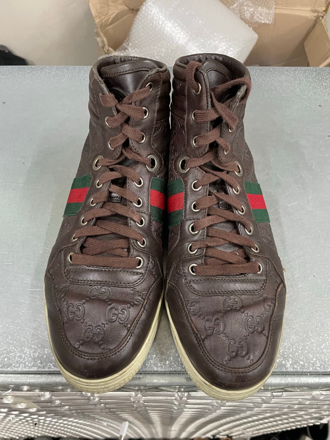 구찌 레더 하이탑 스니커즈 브라운 7 상품이미지5