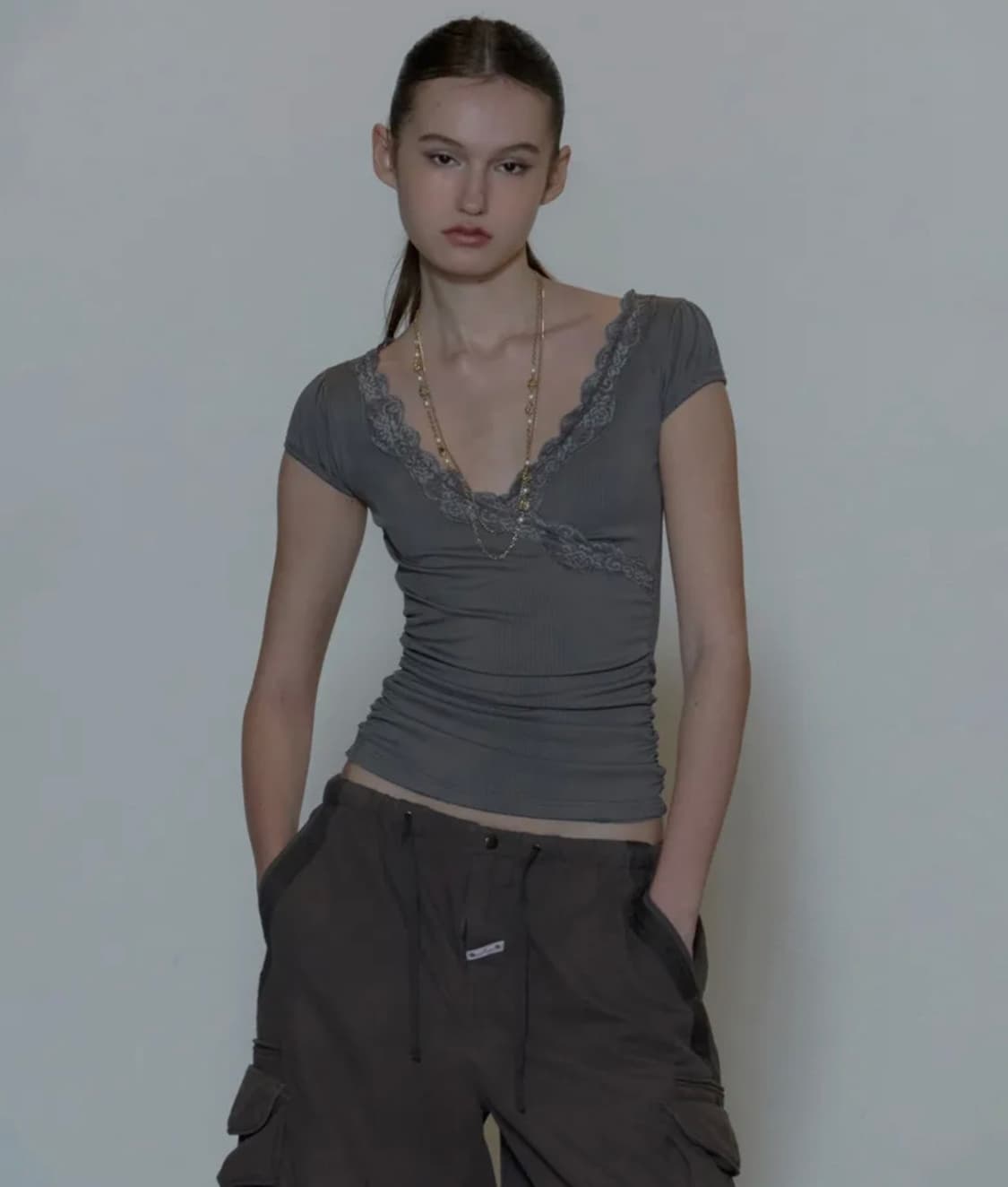 스컬프터 레이스 티 Lace Trim Wrap Tee Charcoal 상품이미지3