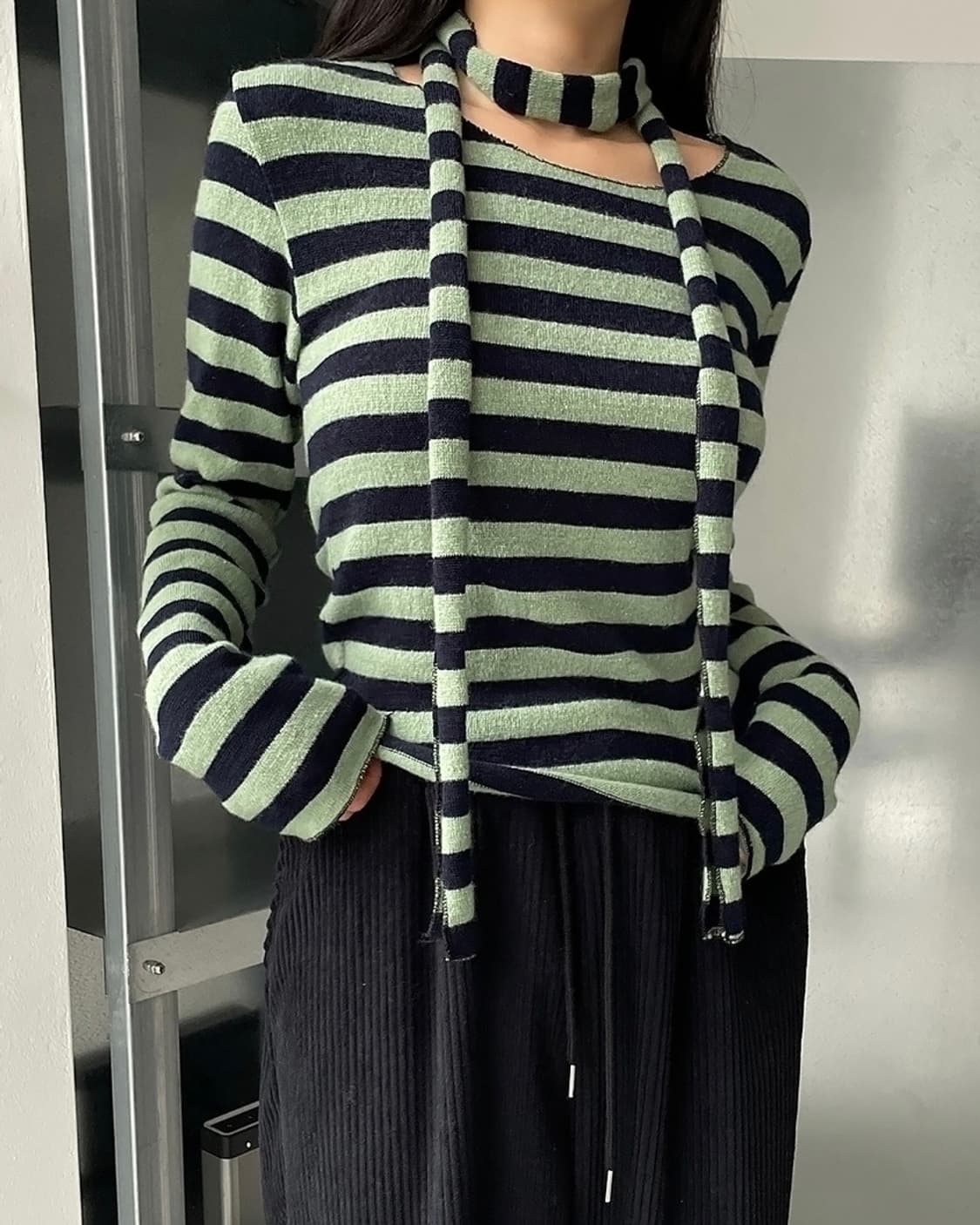 i! 민트 블랙 검정 스트라이프 단가라 머플러 목도리 스카프 보트넥 니트 상품이미지2