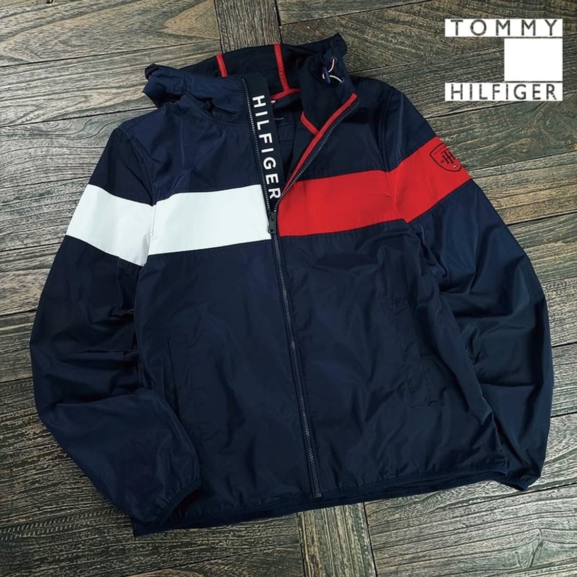[타미힐피거] 빅로고 후드 바람막이 자켓 네이비 M19437 상품이미지1