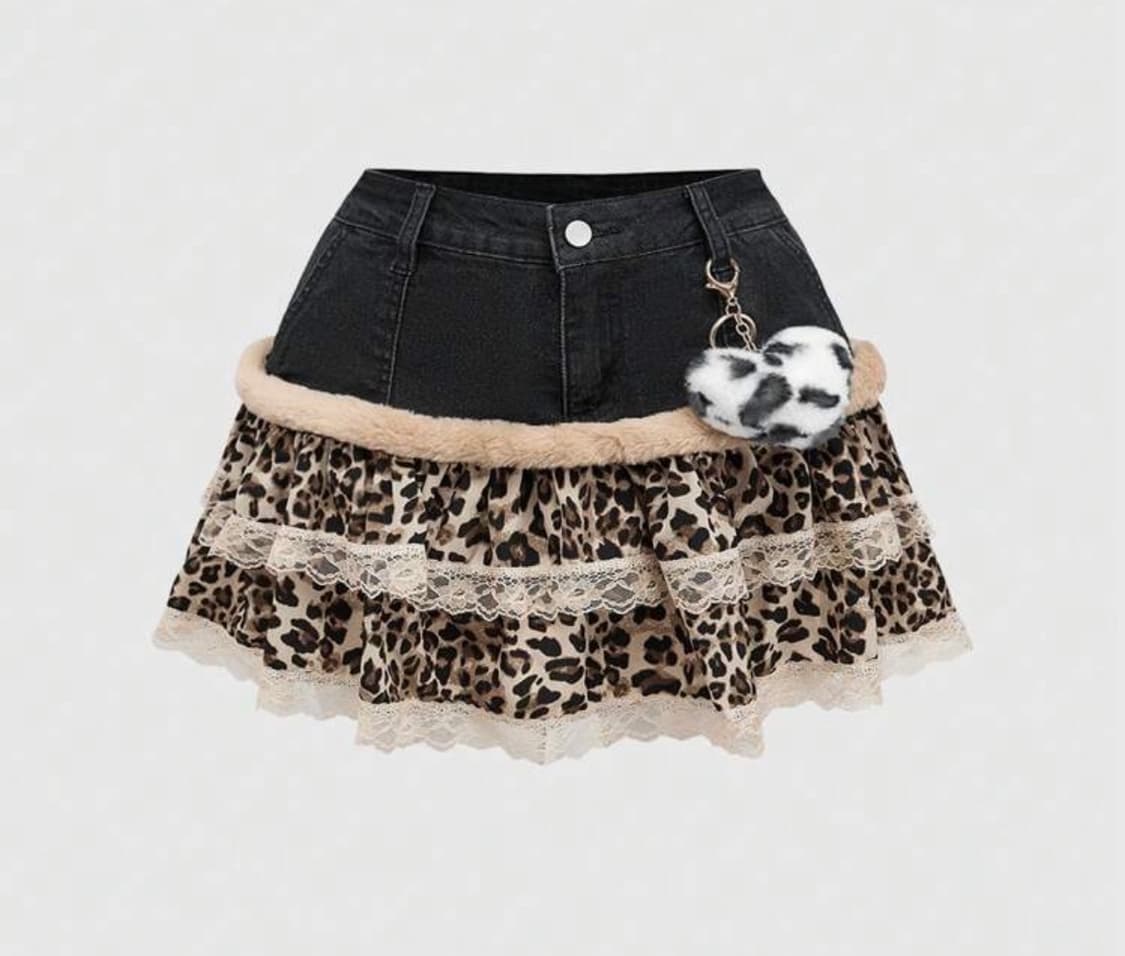 블랙 데님 레오파드 레이스 미니스커트 상품이미지1