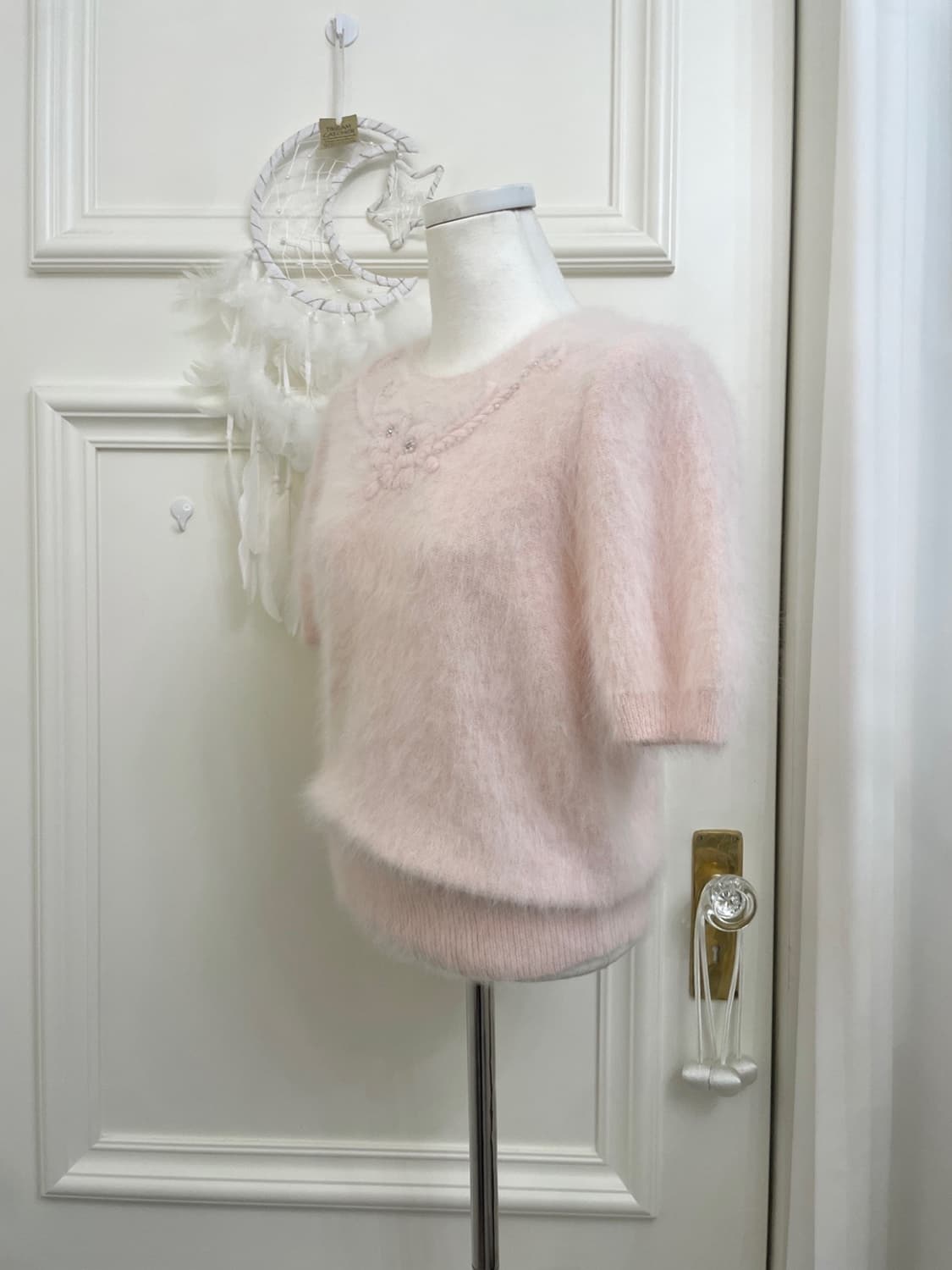 baby pink flower embroidery angora half 상품이미지2