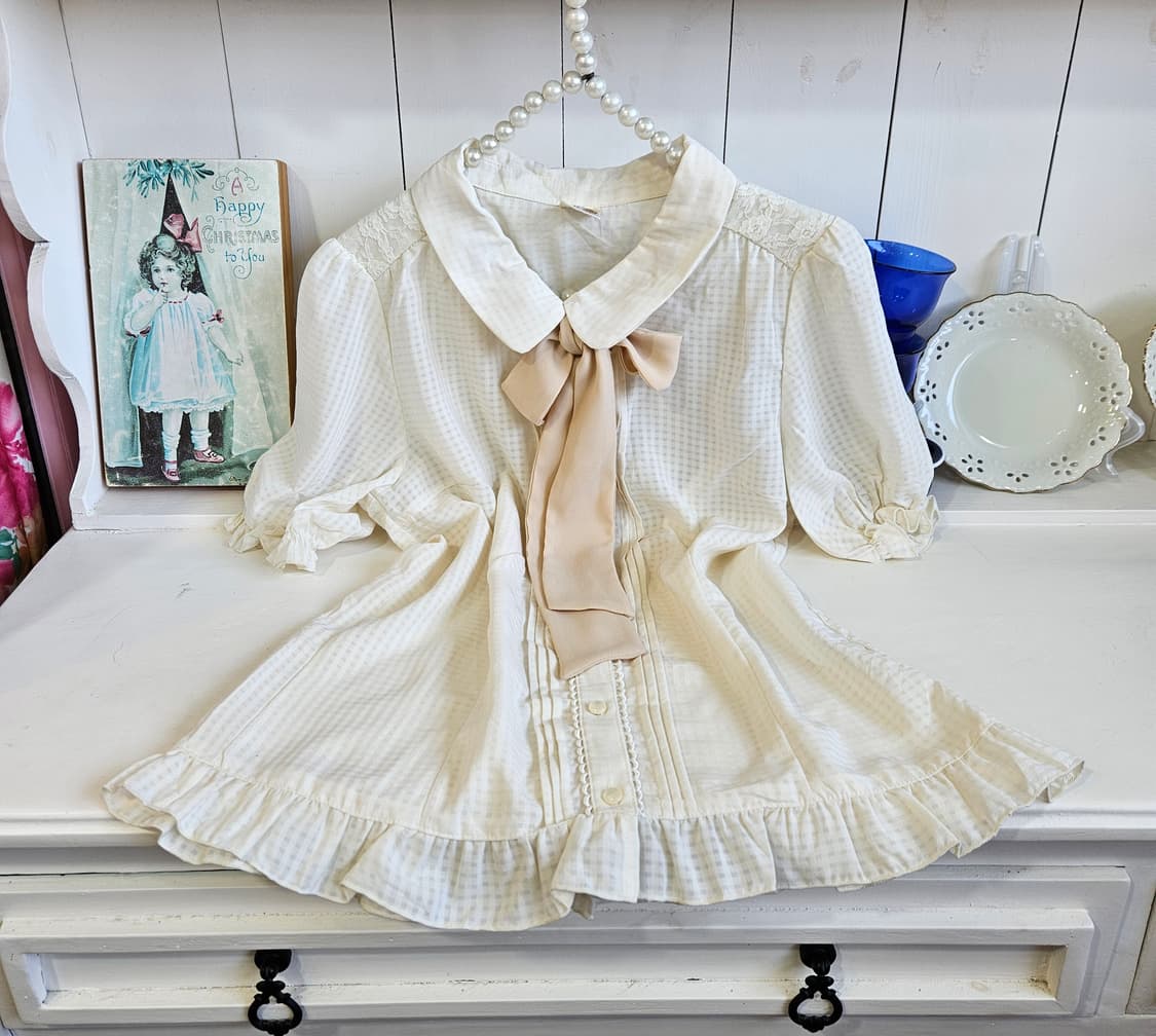 크림 아이보리 리본 레이스 블라우스 상품이미지1