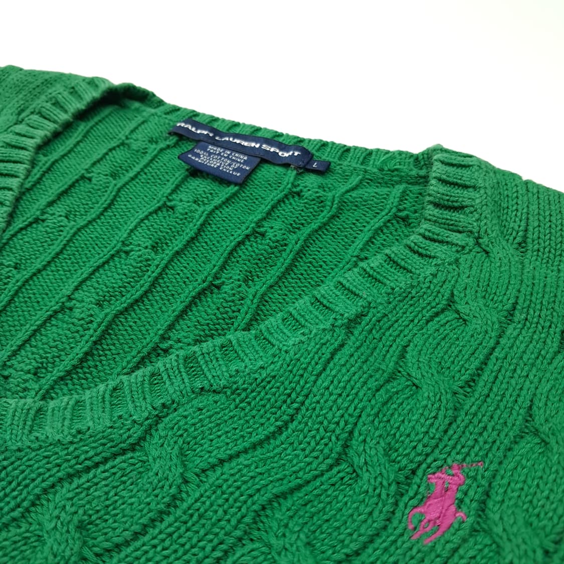 CL022 폴로스포츠 코튼 핑크포니 그린 케이블 브이넥 니트 스웨터 상품이미지4