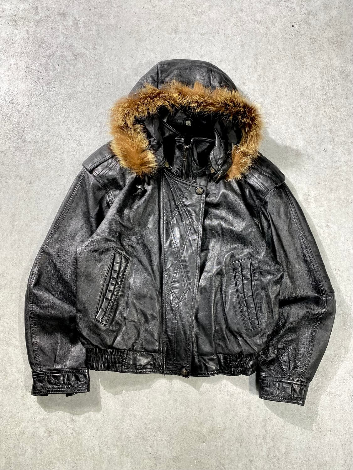 [M] 90s Vintage 빈티지 양가죽 크롭 레더 퍼 후드 자켓 상품이미지1