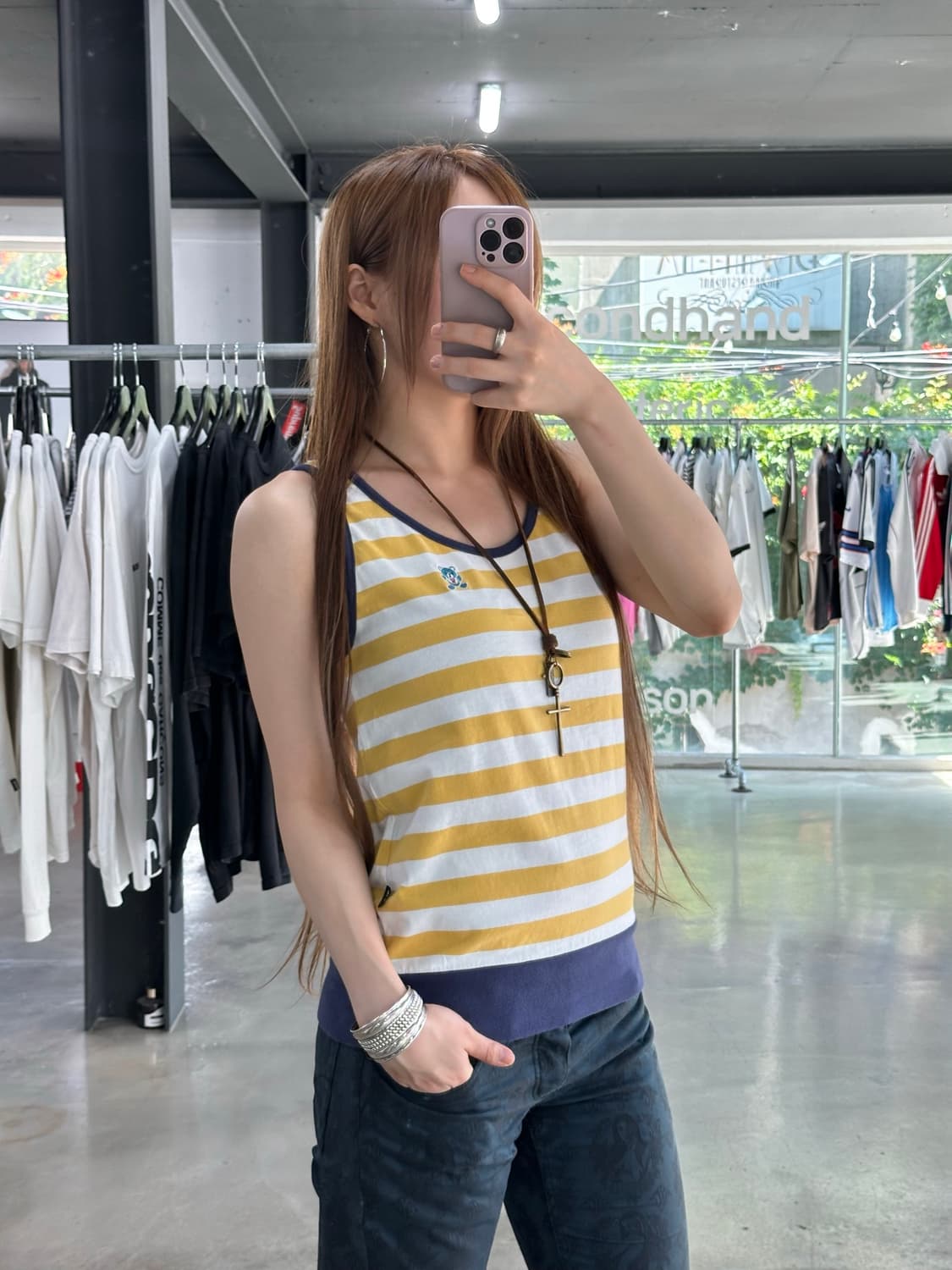 히스테릭글래머 퍽베어 자수 스트라이프 슬리브리스 상품이미지3