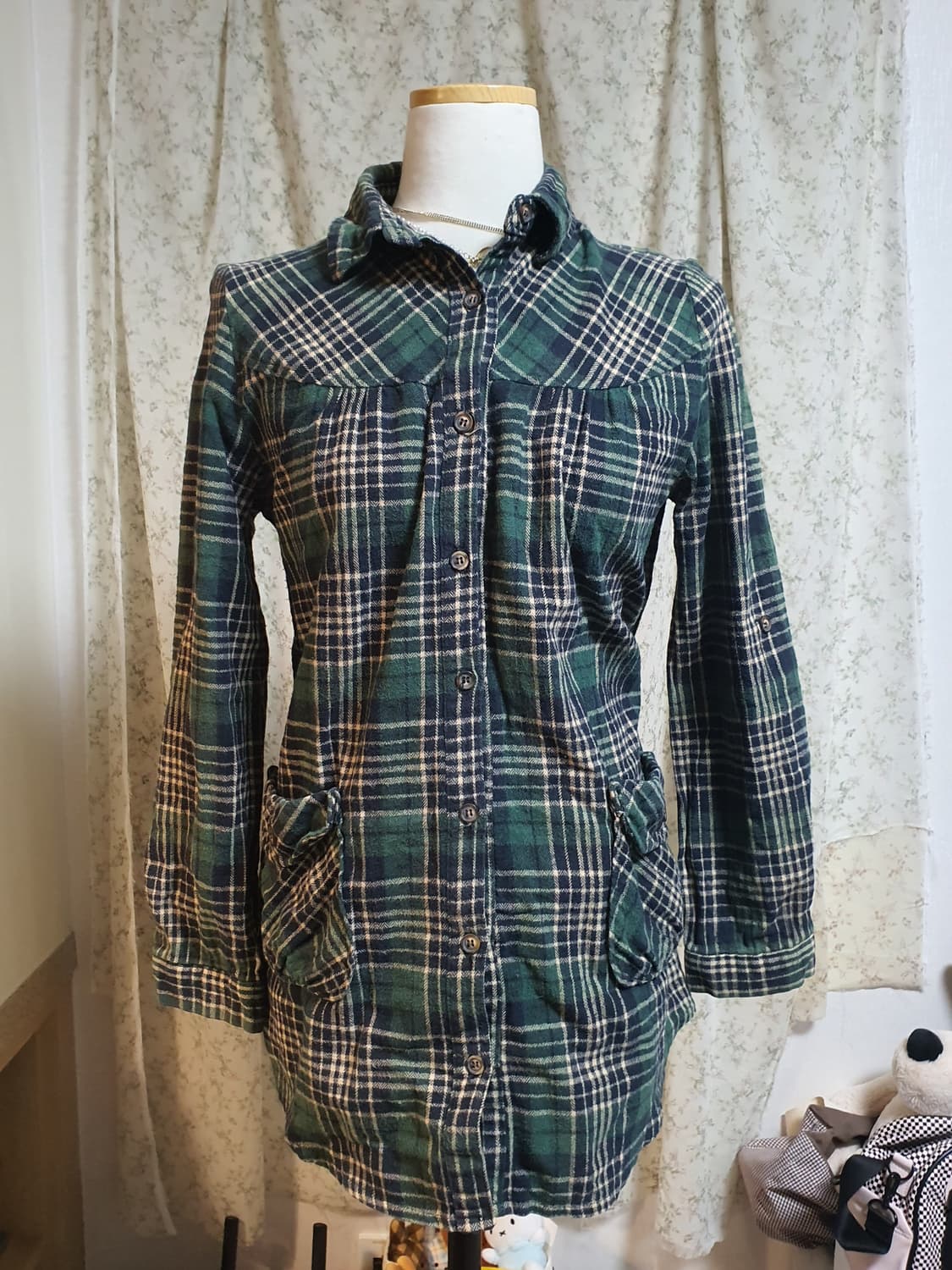 [빈티지] 3종 일괄 레드 체크 롱 셔츠 허리 스트랩 셔츠 상품이미지3