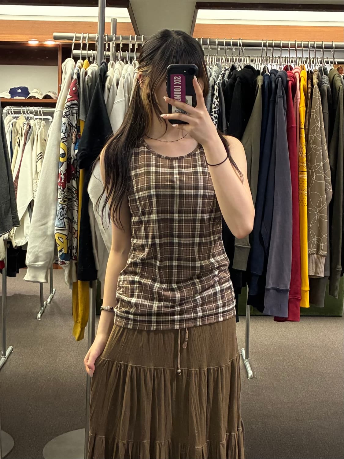 L)COLZA vintage 여성 타탄체크 브라운 나시 상품이미지1
