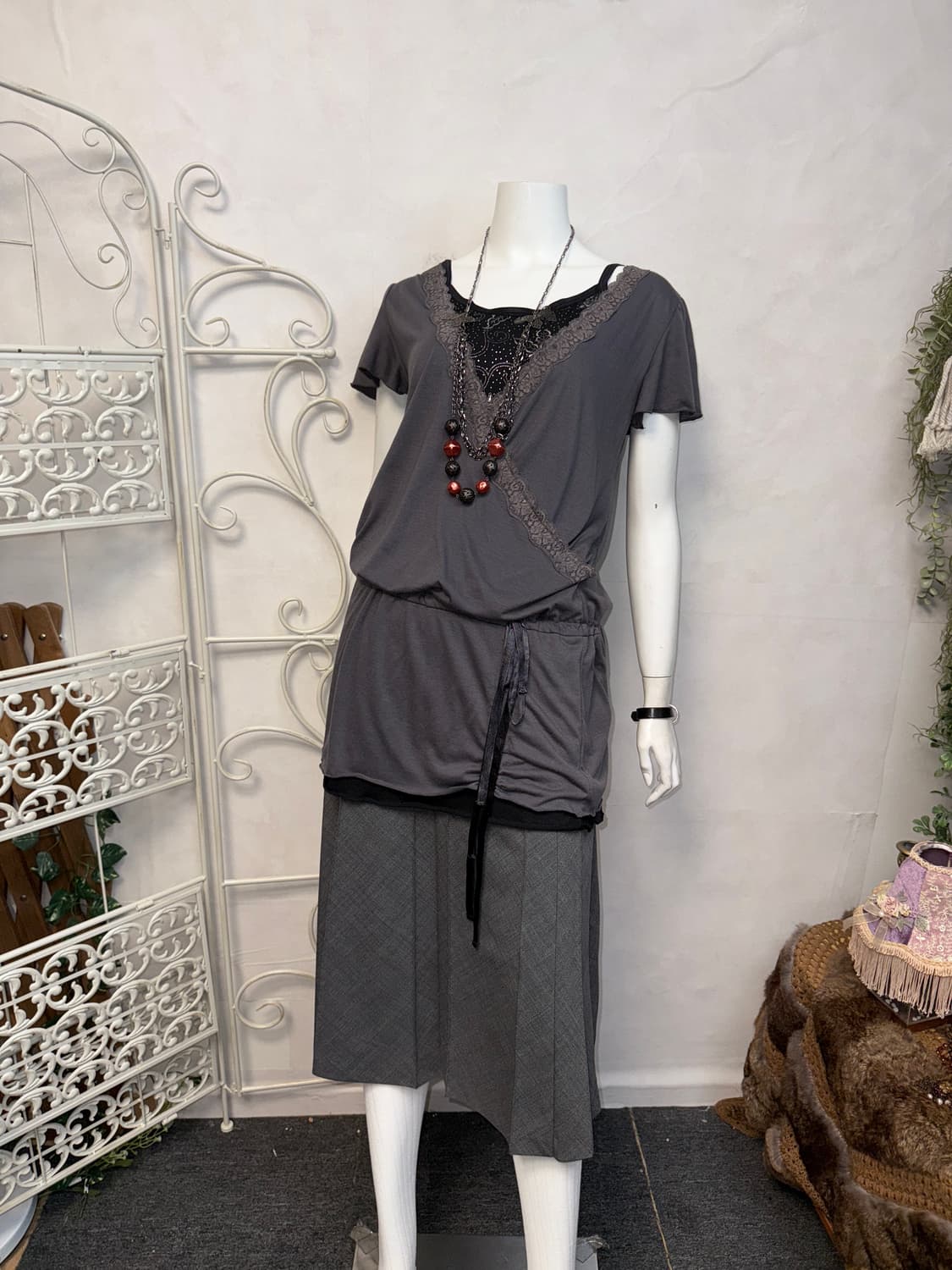 Charcoal cotton lace wrap shirring ops 상품이미지2