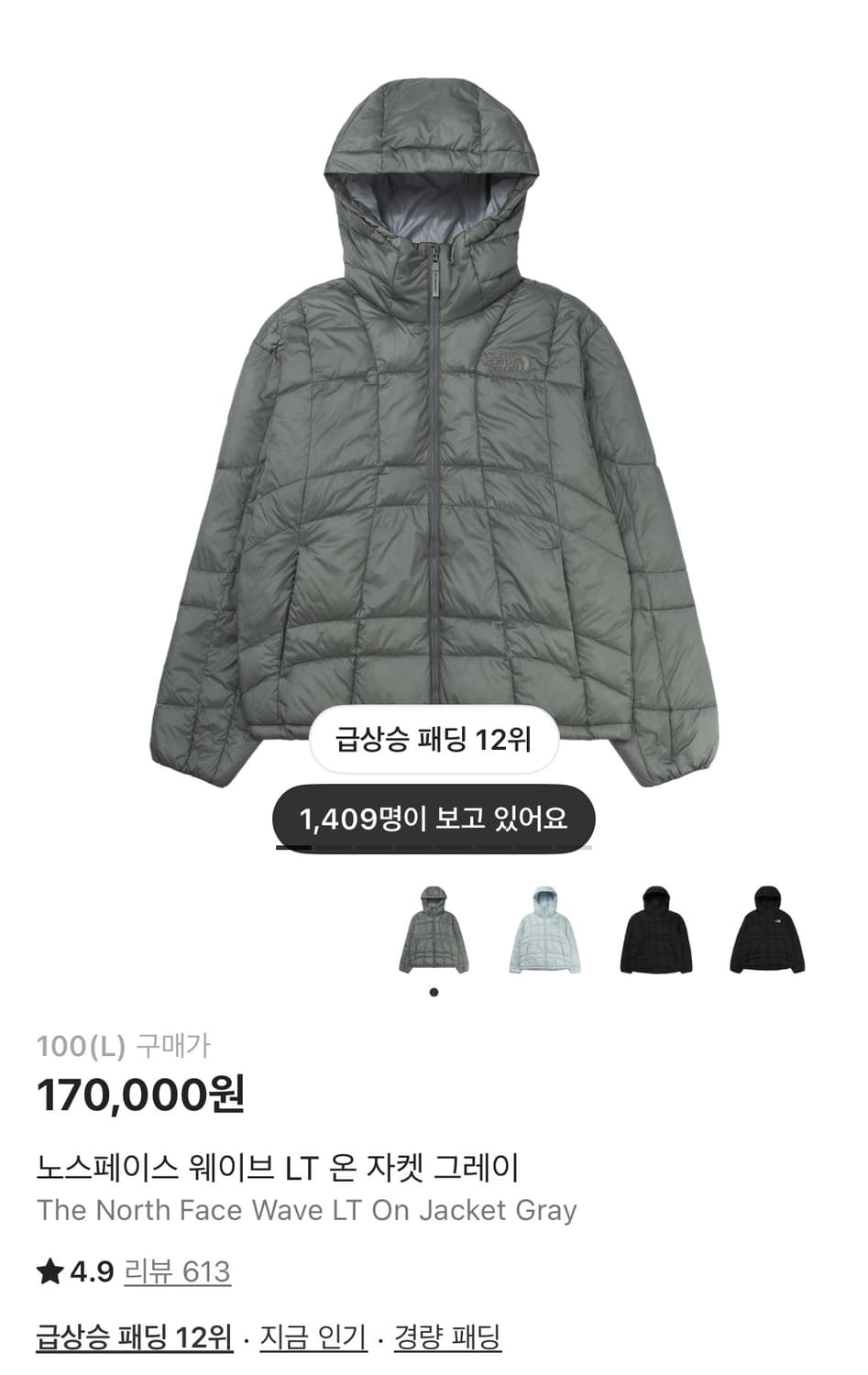 (새상품) 노스페이스 경량패딩 그레이 라지 상품이미지1