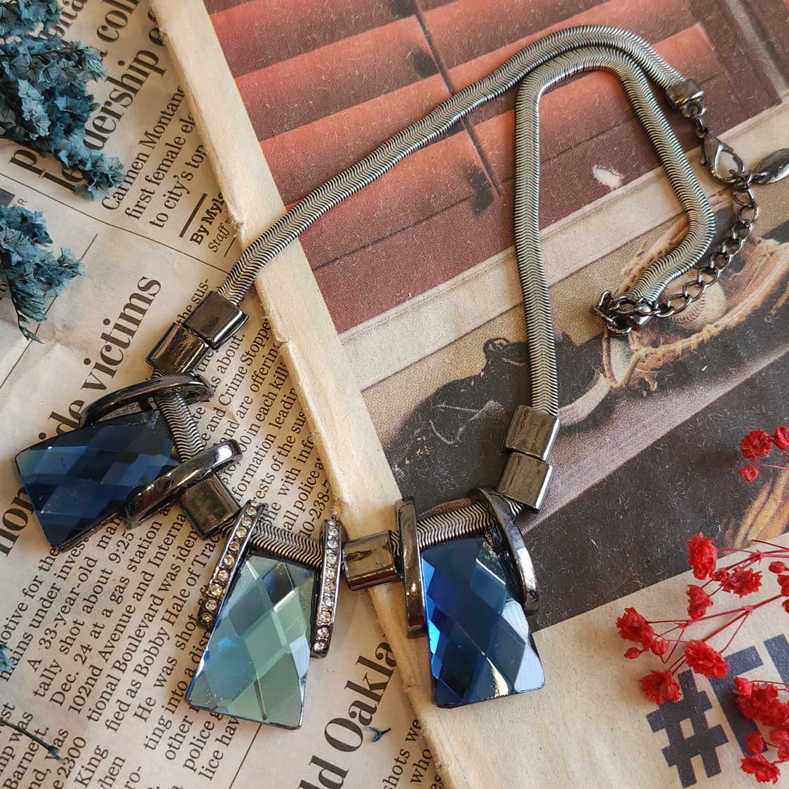 90s 프랑스 빈티지 쥬얼리 미드나잇 오션 딥 블루 크리스탈 엔틱 목걸이 상품이미지6