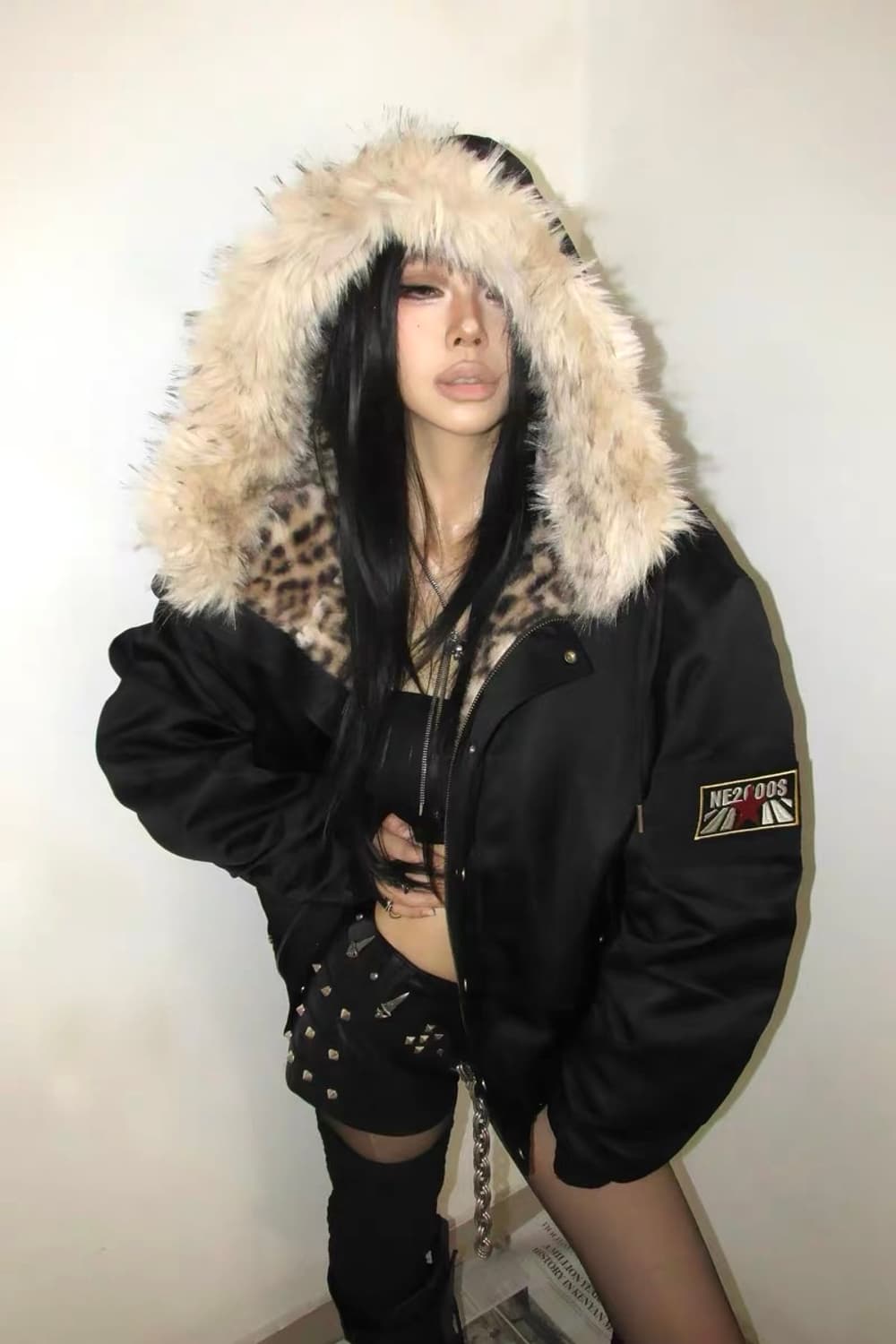 no E mosen 레오파드 크롭 후드 항공점퍼 갸루 상품이미지3