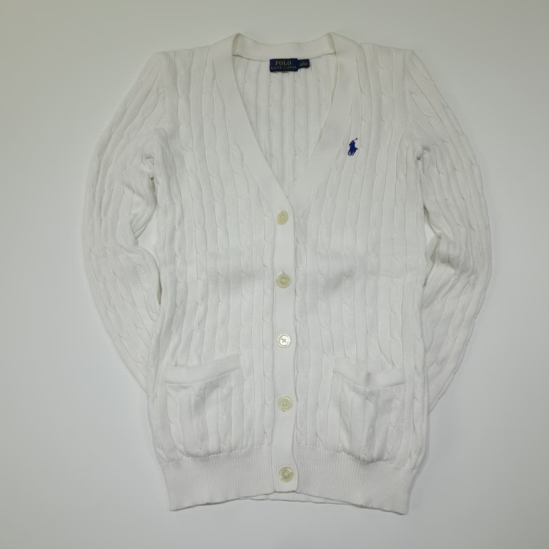CL863 S 폴로 코튼 케이블 브이넥 화이트 니트 가디건 상품이미지1