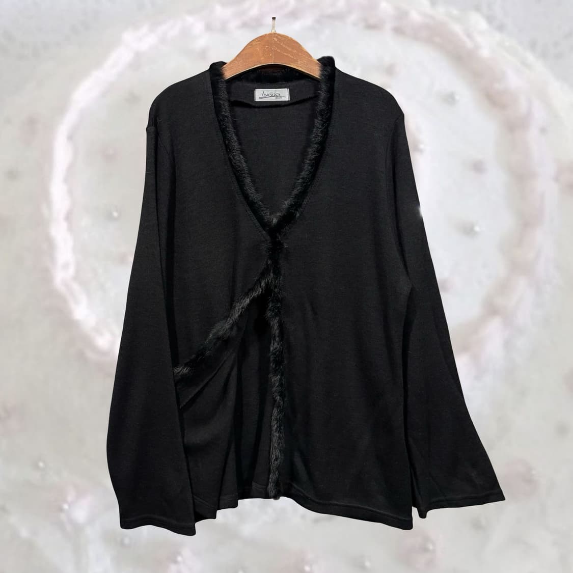 일본 빈티지 블랙 래빗 퍼 트리밍 원버튼 가디건 상품이미지1