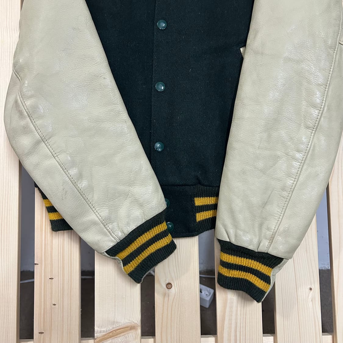 (S) USA 골든베어 딥그린 레더 배색 가죽 바시티 자켓  상품이미지5