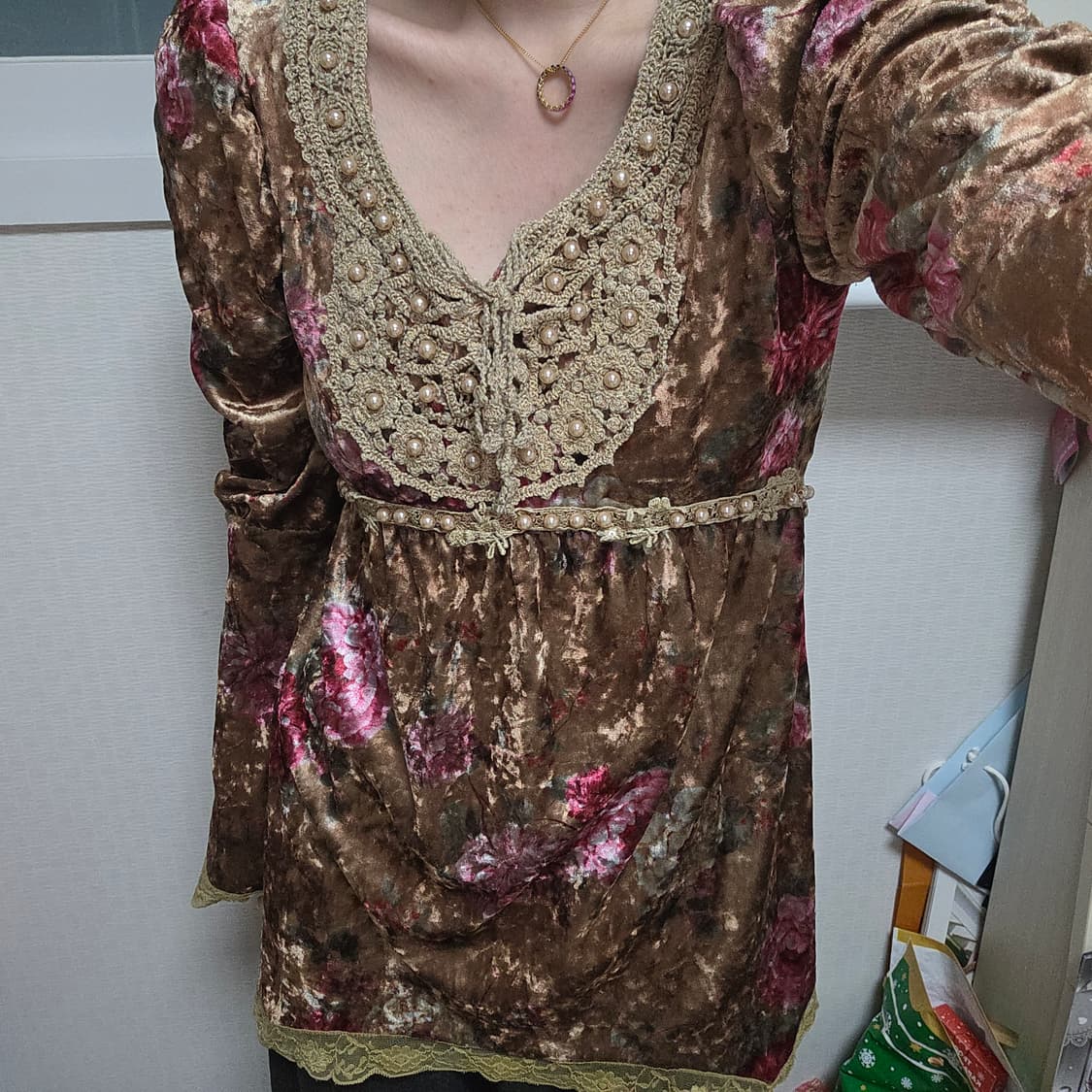 일본빈티지)페어리st 모리걸 벨벳 로즈 플로럴 글리터 레이스퍼프 블라우스 상품이미지5