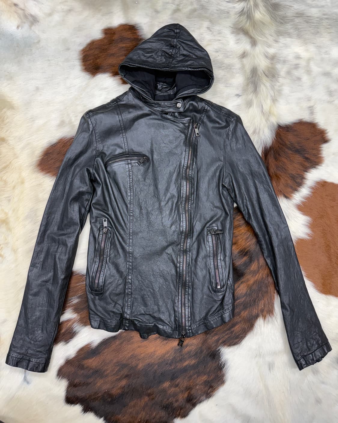 조르지오 브라토 램레더 후드 사선 바이커 자켓 상품이미지1