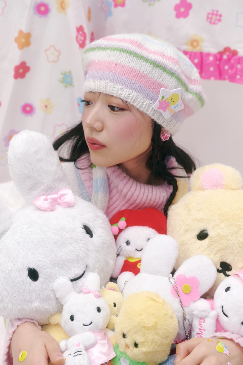 스윙셋 스트라이프 버튼 니트 베레모 (파스텔) 상품이미지4