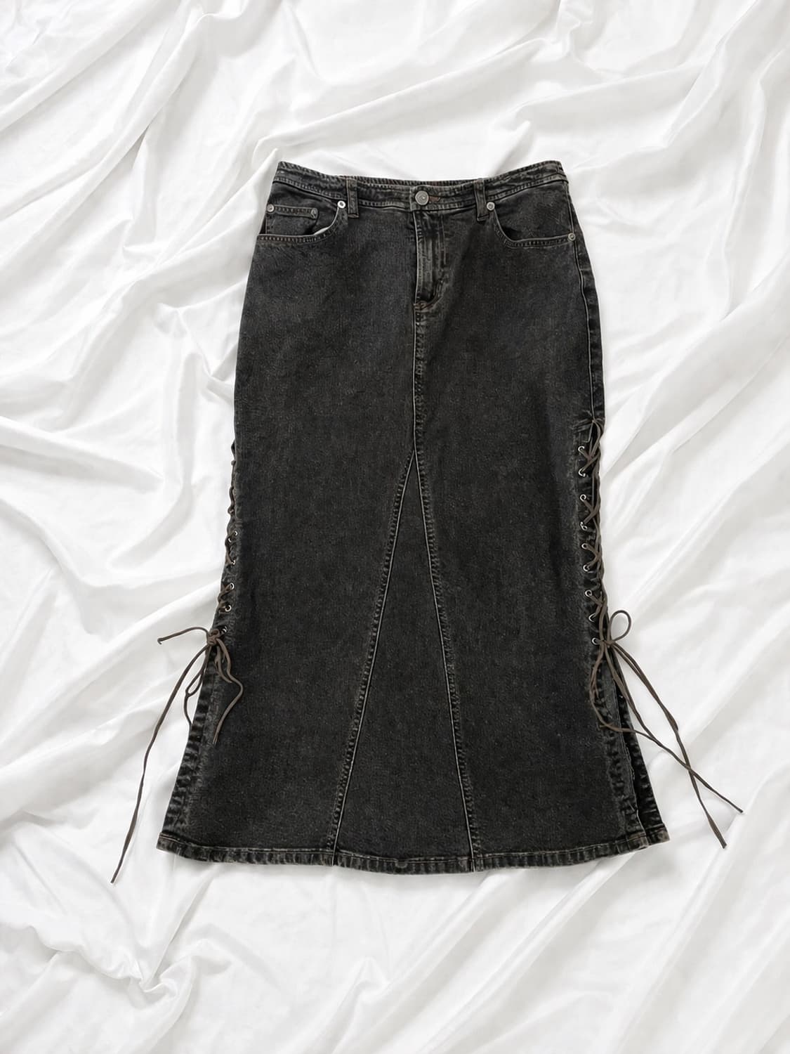 빈티지 레이스업 워싱 데님 롱스커트 상품이미지1