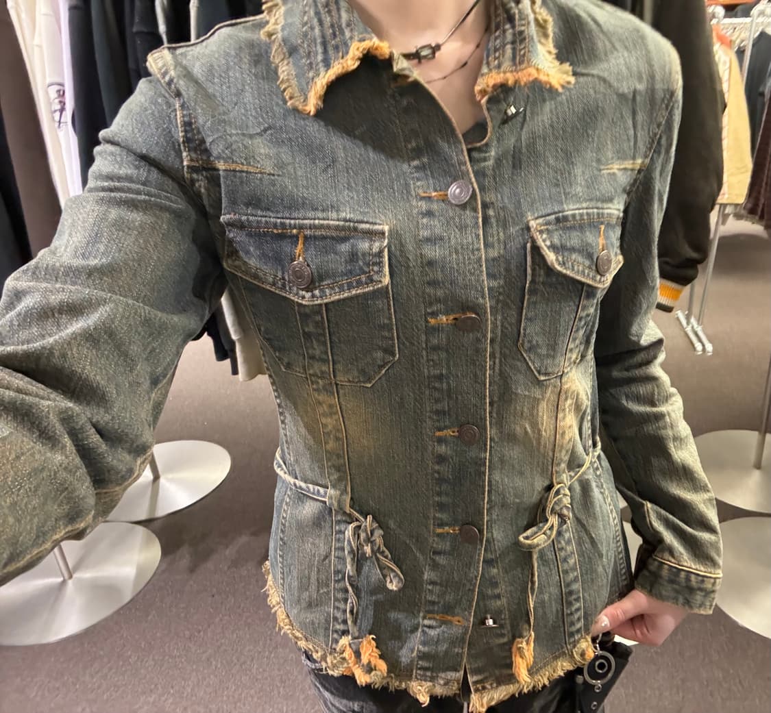 OS)Japanese vintage 여성 프린지 디테일 데님 셔츠 상품이미지4