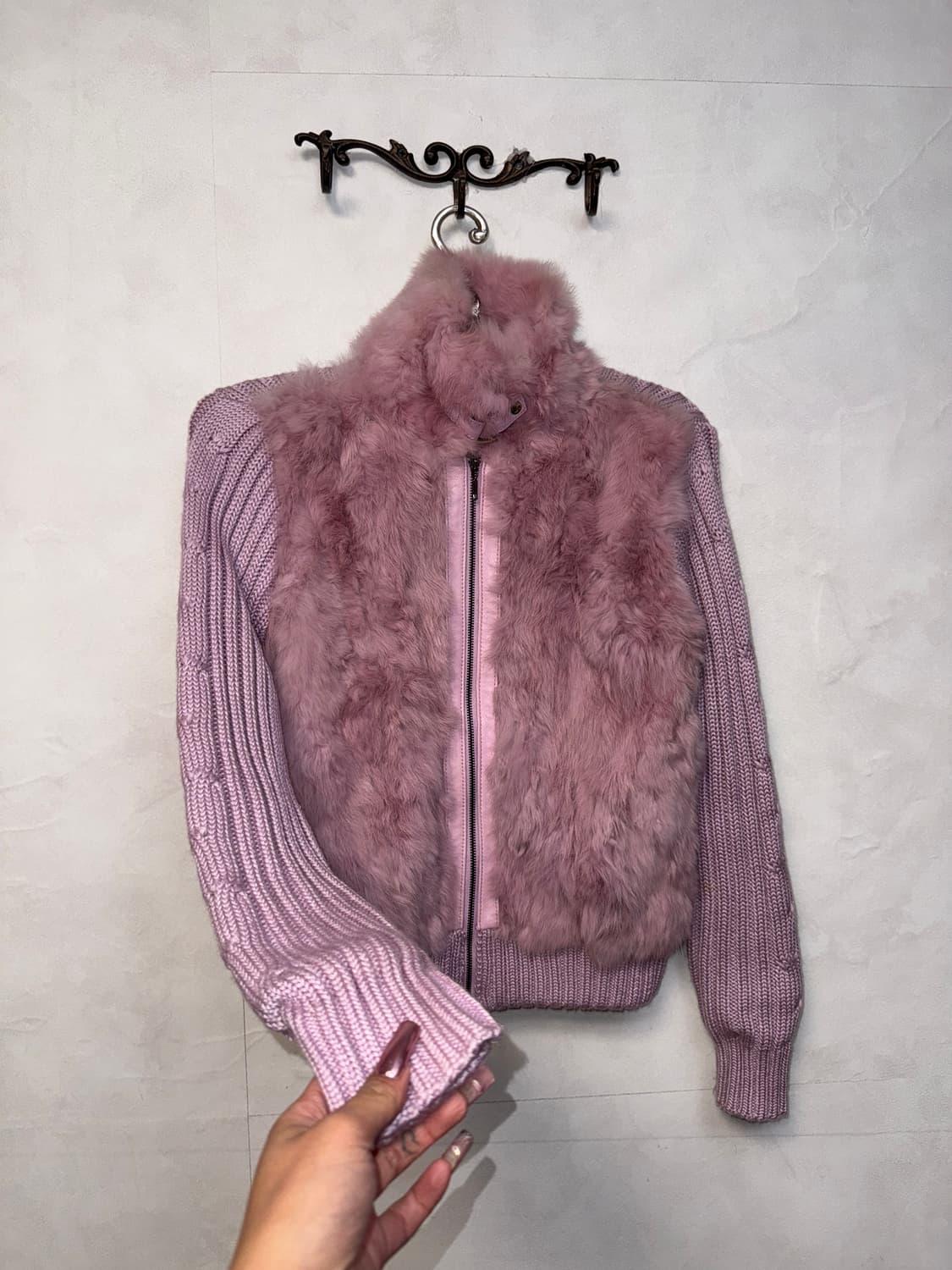 Baby pink lamb skin rabbit fur knit 집업 상품이미지2