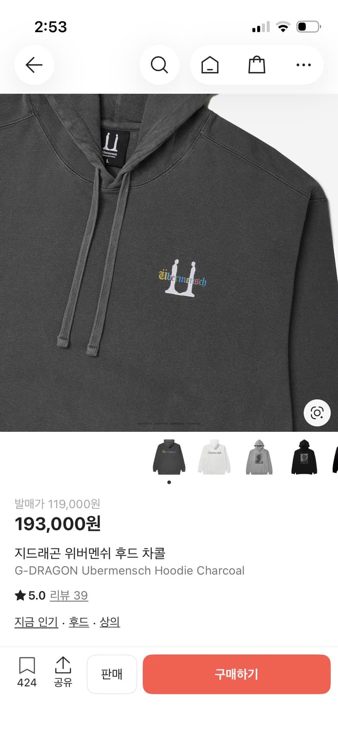 지드래곤 위버멘쉬 후드 차콜 상품이미지2