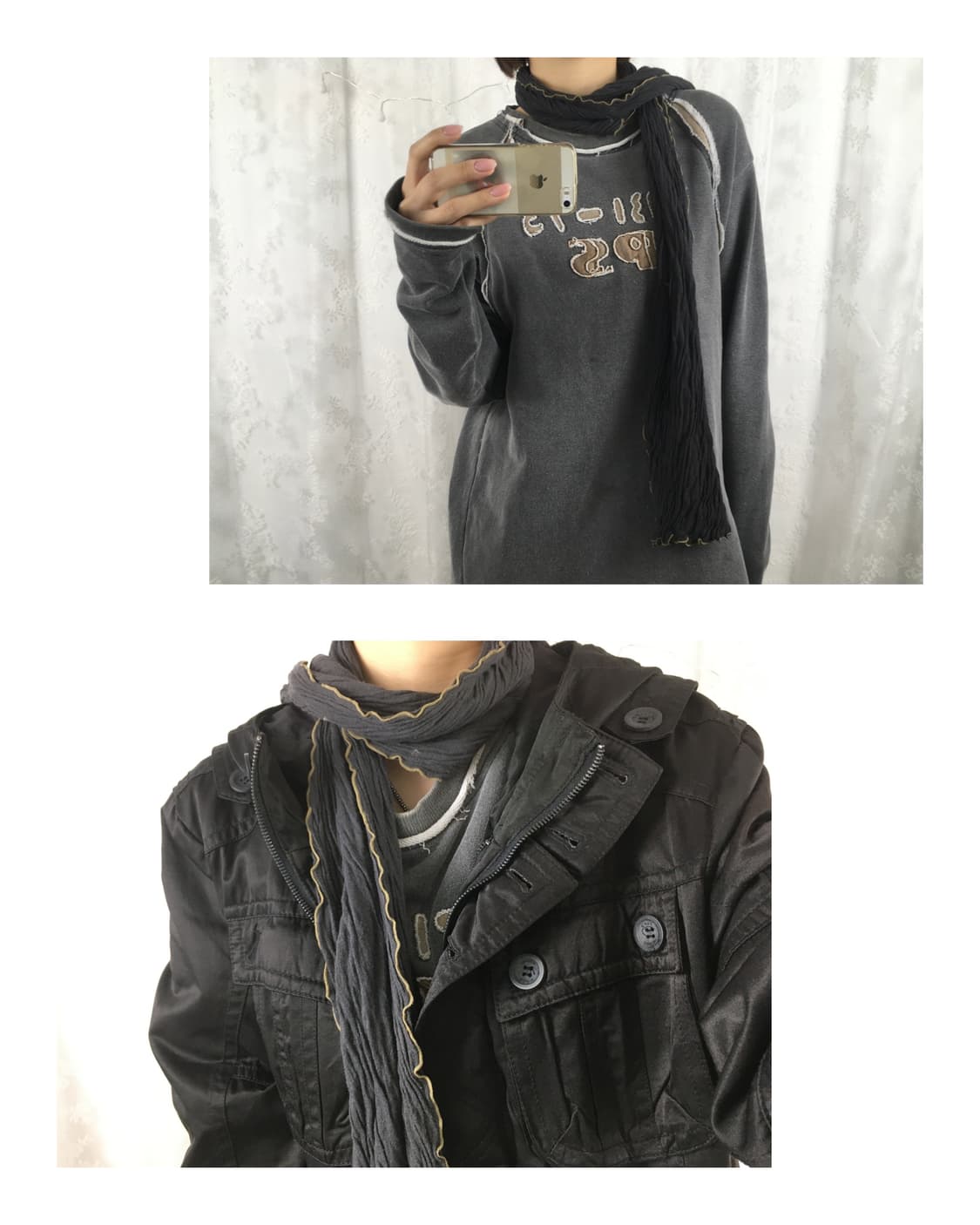 Navy Wrinkled Texture Frill Trim Scarf 상품이미지5