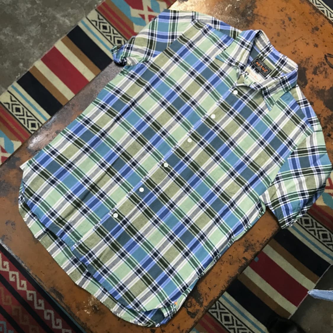 빔즈 그린 마드라스 체크 얇은 코튼 반팔 셔츠 남성 102 여성 루즈핏 상품이미지2