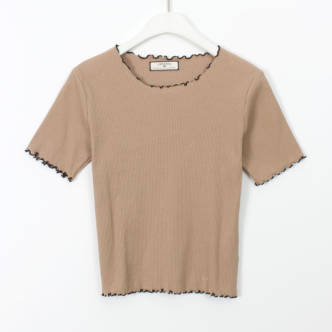 일본 빈티지 베이지 골지 프릴 반팔 티셔츠 상품이미지1