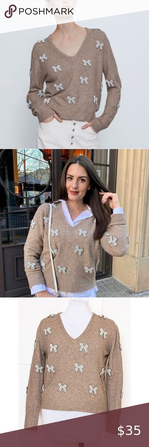 자라 진주 리본 오브제 브이넥 울 니트 정가 9만원대 상품이미지2