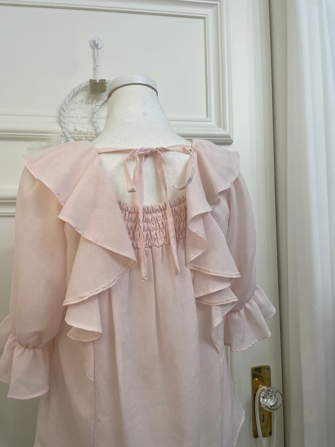 sheer pink ruffle back bow lovely blouse 상품이미지5