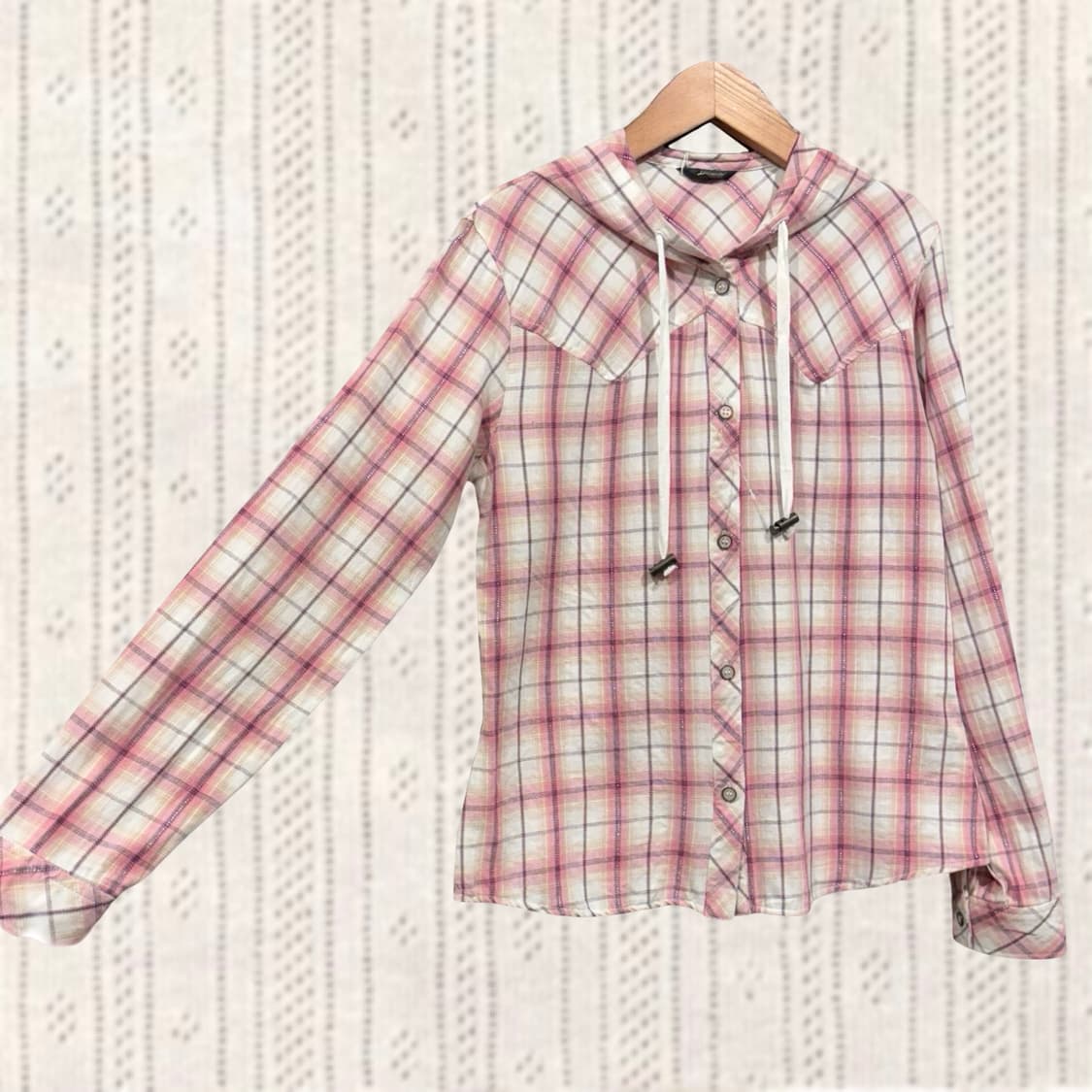 일본 빈티지 핑크 체크 글리터 모리걸 후드 셔츠 상품이미지2