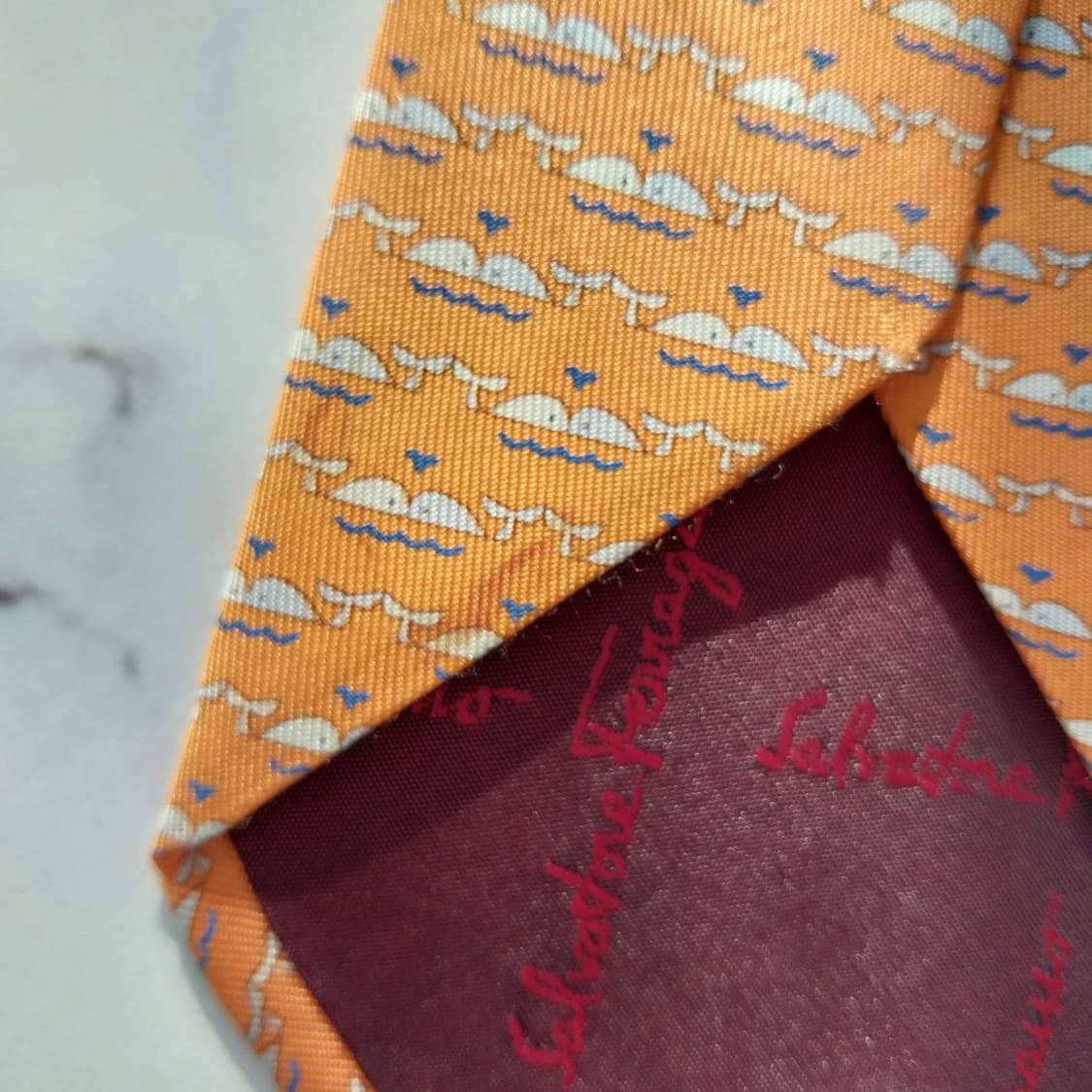 살바토레 페라가모 실크 오렌지 고래 패턴 넥타이 8cm B등급 K1633 상품이미지7