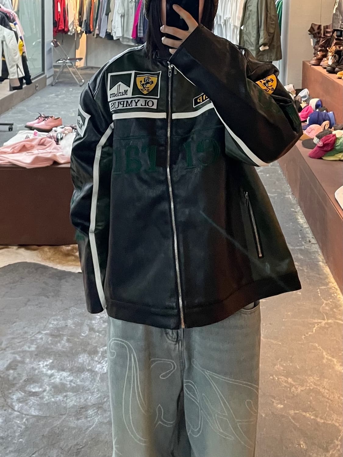 페라리 말보로 패치워크 그린 레더 레이싱 자켓 H1843 상품이미지1