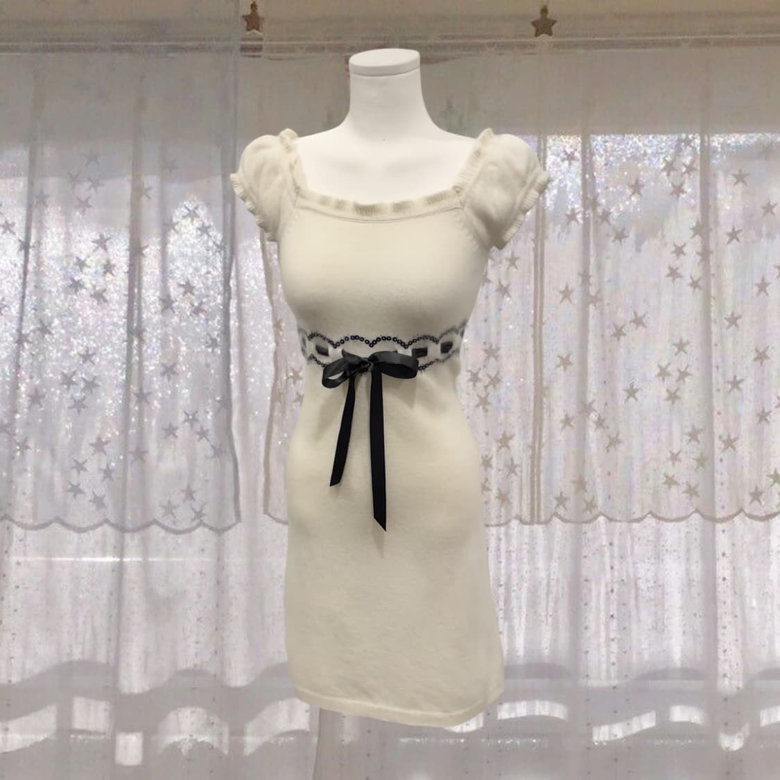 일본 빈티지 아이보리 앙고라 니트 오프숄더 원피스 달천 갸루 상품이미지2