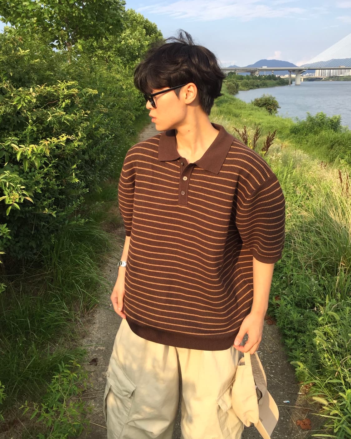 (새상품) 와플 스트라이프 카라 반팔 니트 상품이미지1