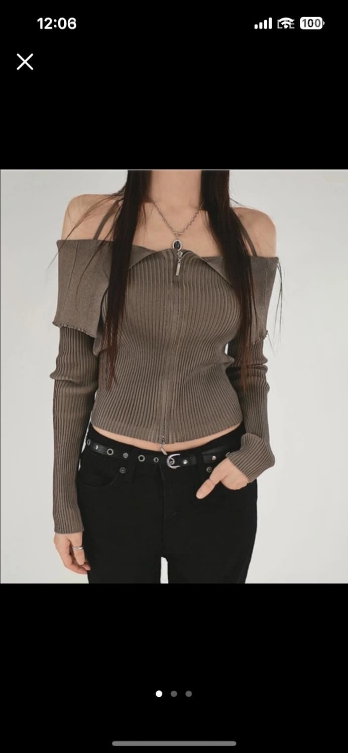 [시크원] 팩트 지퍼 홀터스트링 골지집업 오프숄더 니트 상품이미지1