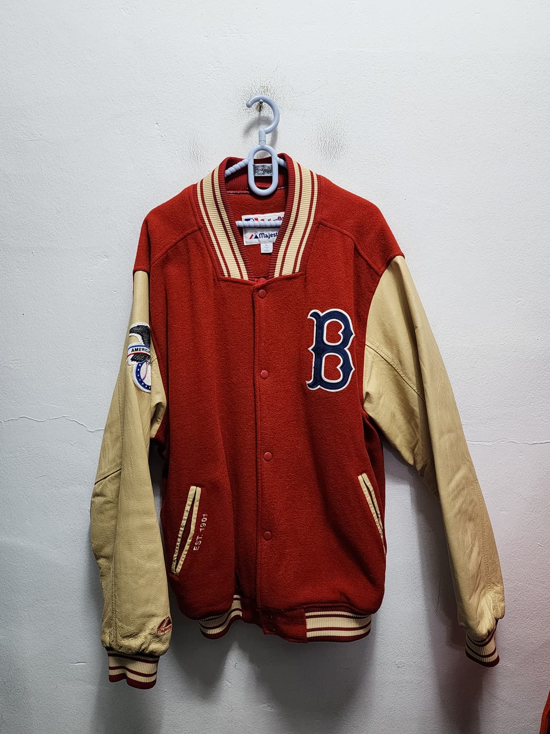 90s 마제스틱 x MLB 보스턴 레드삭스 리얼레더 바시티자켓 상품이미지1