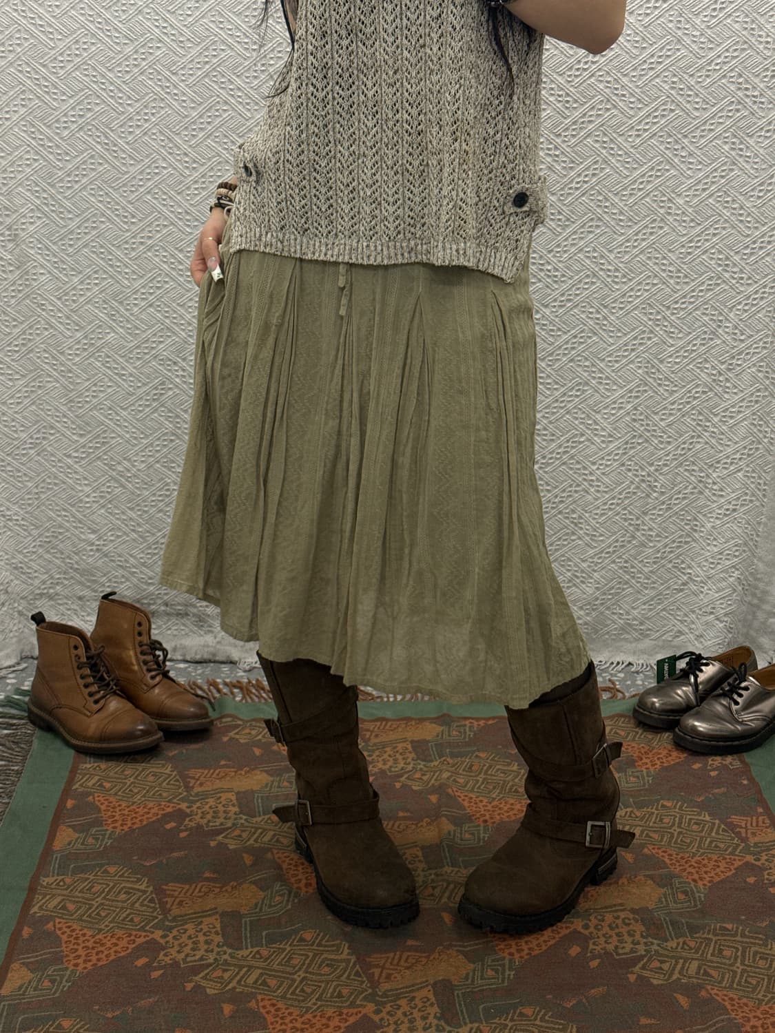 빈티지 에스닉 패턴 피스타치오그린 플리츠 시어 미디스커트 K0145 상품이미지2