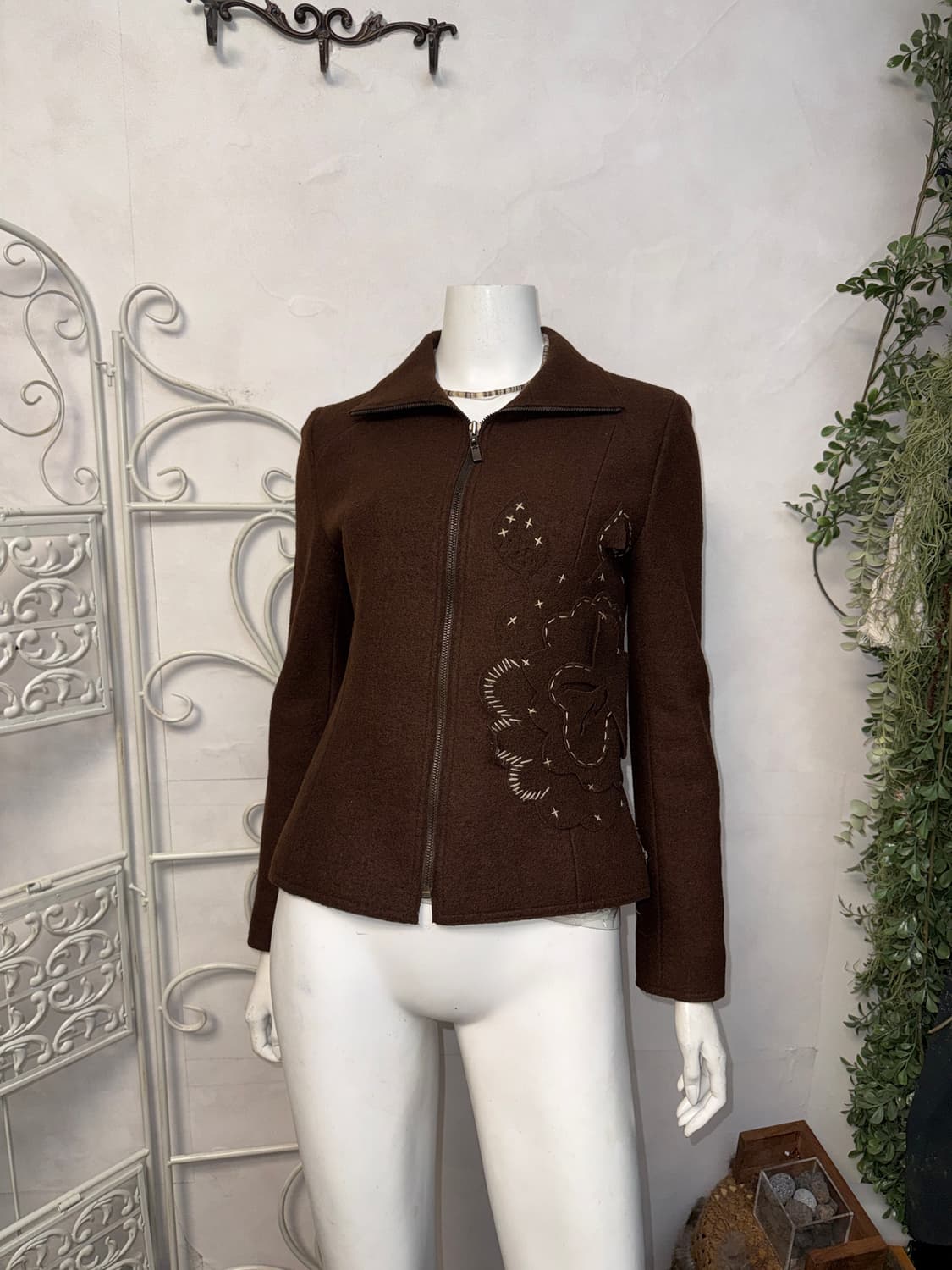 Brown bohemian stitch flower wool jacket 상품이미지4